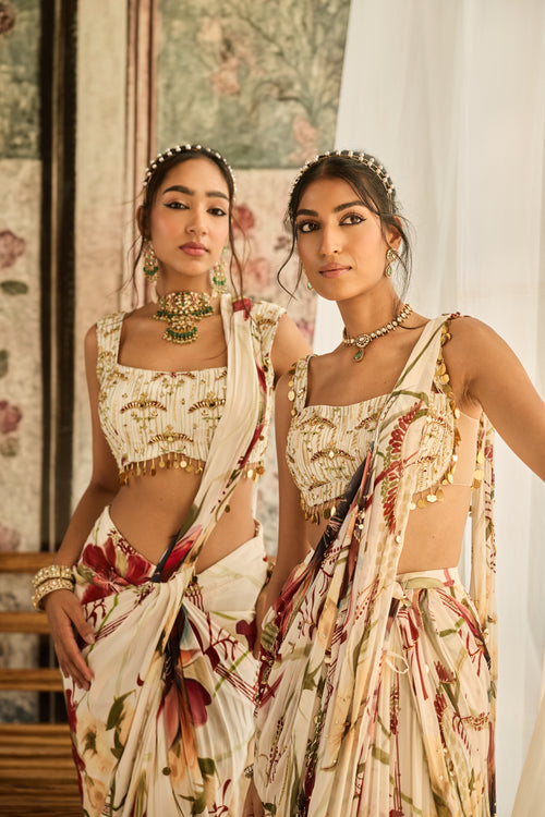 Ivory Floral Print And Highlighted Skirt Saree Set