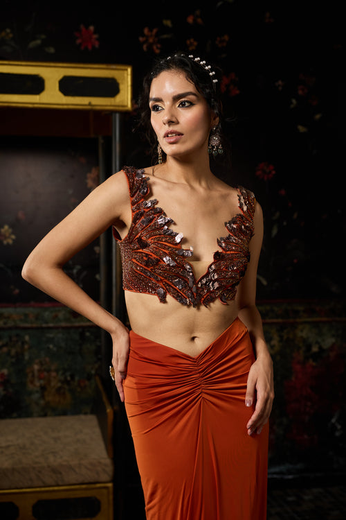Rust Cutwork Blouse With Draped Skirt Set
