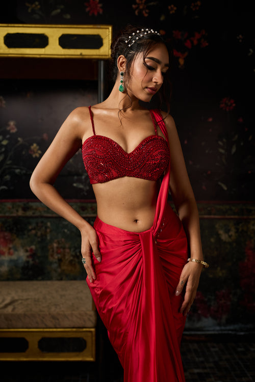 Red Embellished Blouse With Drape Skirt Saree Set