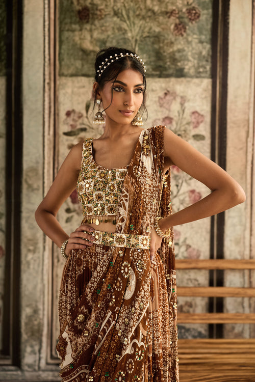 Ivory Butta Print And Highlighted Square Neck Blouse With Caramel Print And Highlighted Tiered Skirt Saree Set