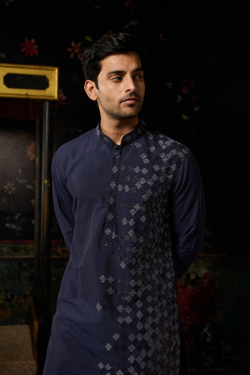 Dark Blue Embroidered Kurta & Pants