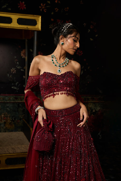 Maroon Embellished 3D Floral Lehenga Set