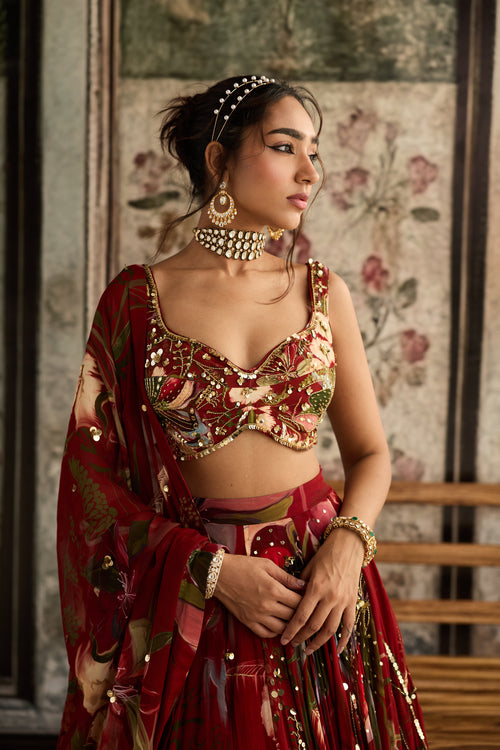 Red Floral Print And Highlighted Lehenga Set
