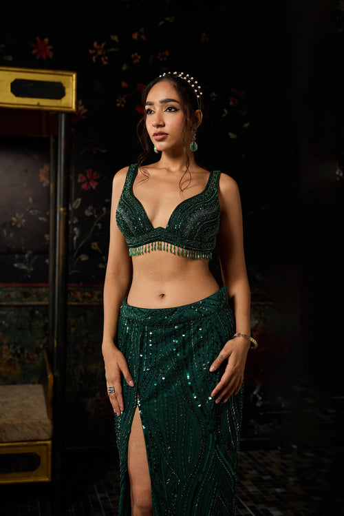Emerald Green Embellished Trail Slit Skirt Set