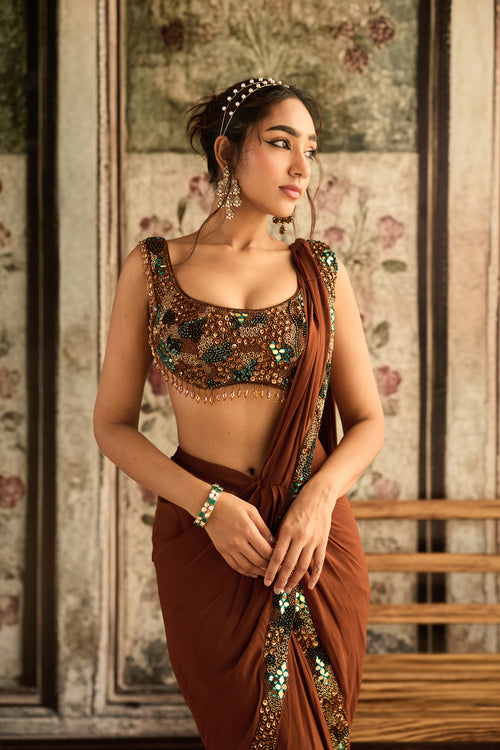 Caramel Embroidered Pre-Draped Saree Set