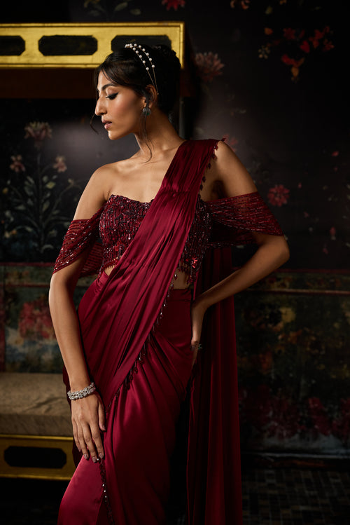 Maroon Embellished Sharara Saree Set