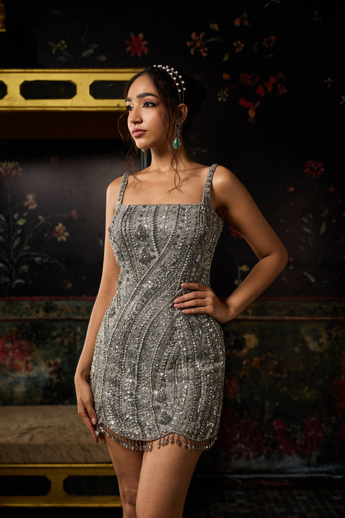 Grey Gunmetal Swirl Embellished Mini Dress