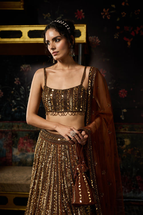 Metallic Gold Embellished Mirrorwork Lehenga Set