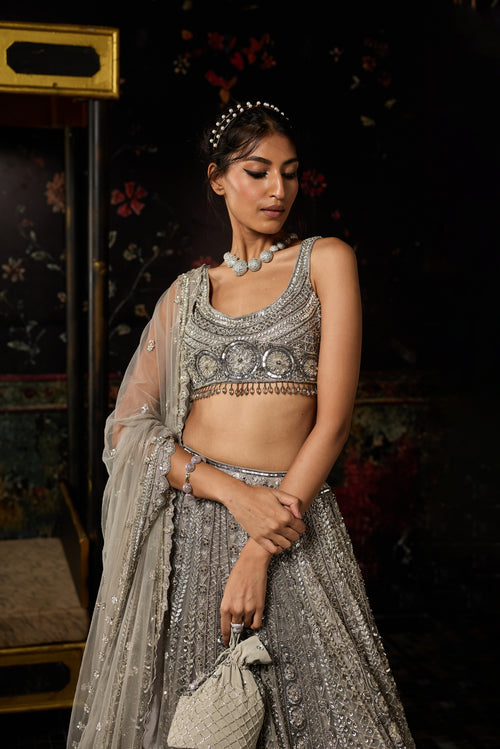Grey Gunmetal Embellished Arc Circle Lehenga Set