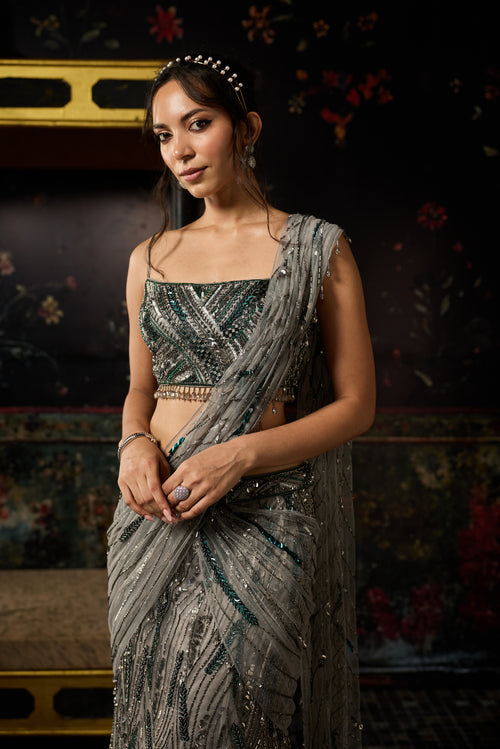 Grey Embellished Mermaid Skirt Saree Set