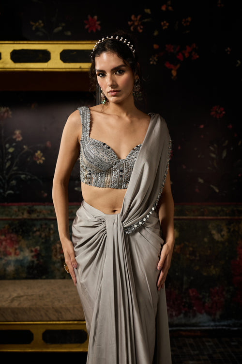 Grey Embellished Draped Skirt Saree Set