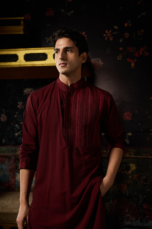 Maroon Embroidered Kurta & Pants