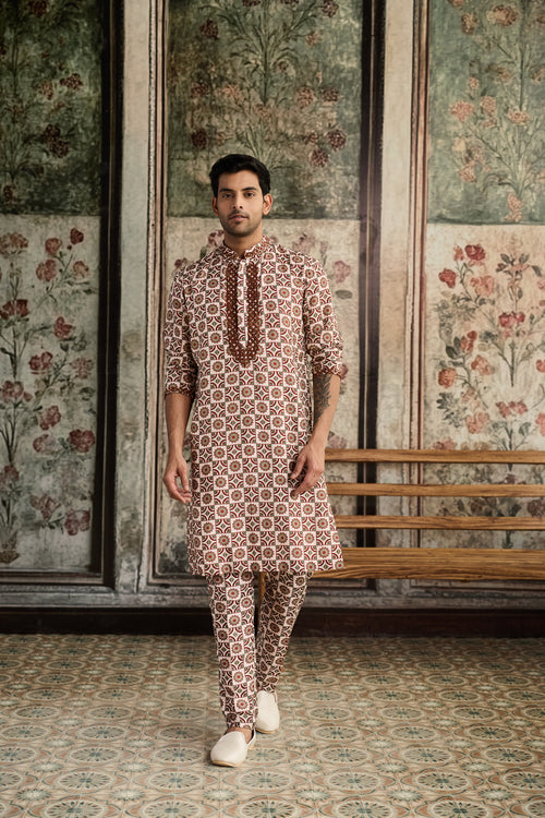 Caramel & Ivory Print & Highlighted Kurta &Pants