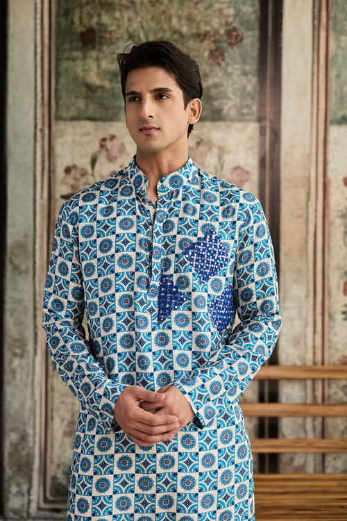 Blue Print & Highlighted Kurta & Pants