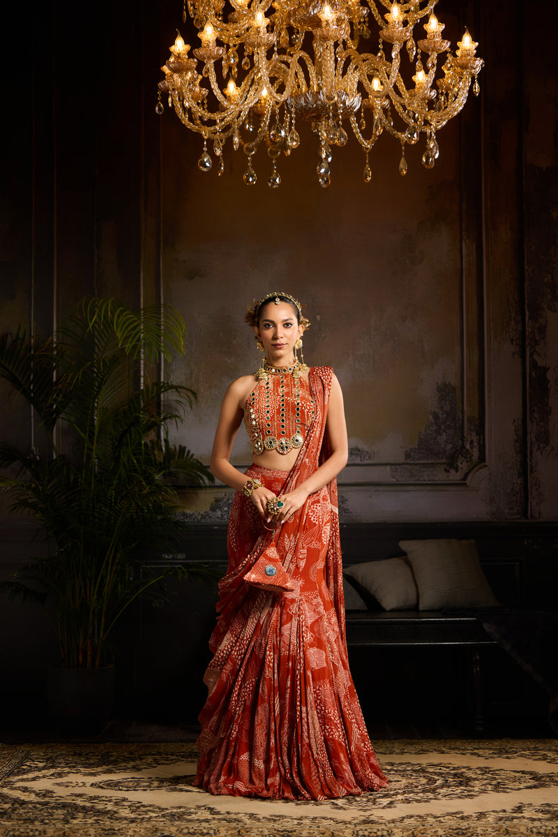 Rust Print and Highlighted Mermaid Saree Set