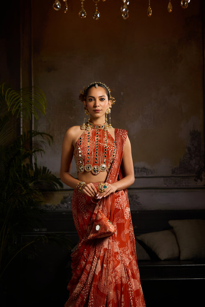 Rust Print and Highlighted Mermaid Saree Set