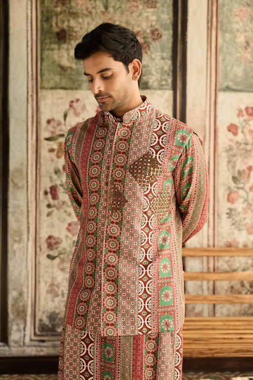 Sage & Maroon Print & Highlighted Bundy,Kurta & Pants