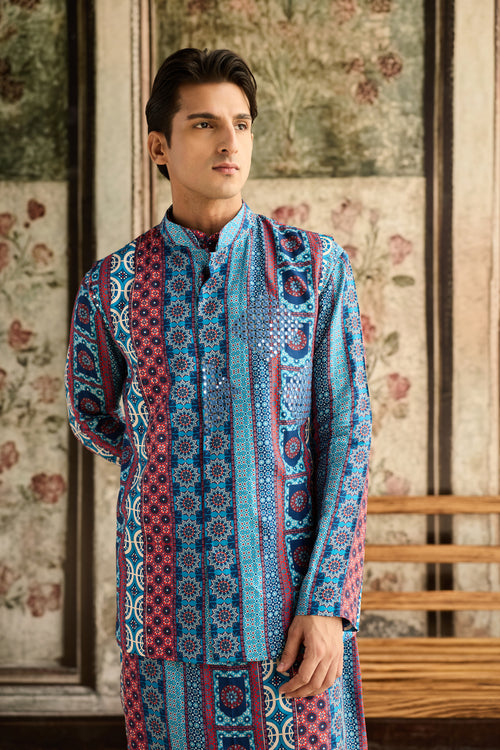 Blue Print & Highlighted Bundy,Kurta And Pants Set
