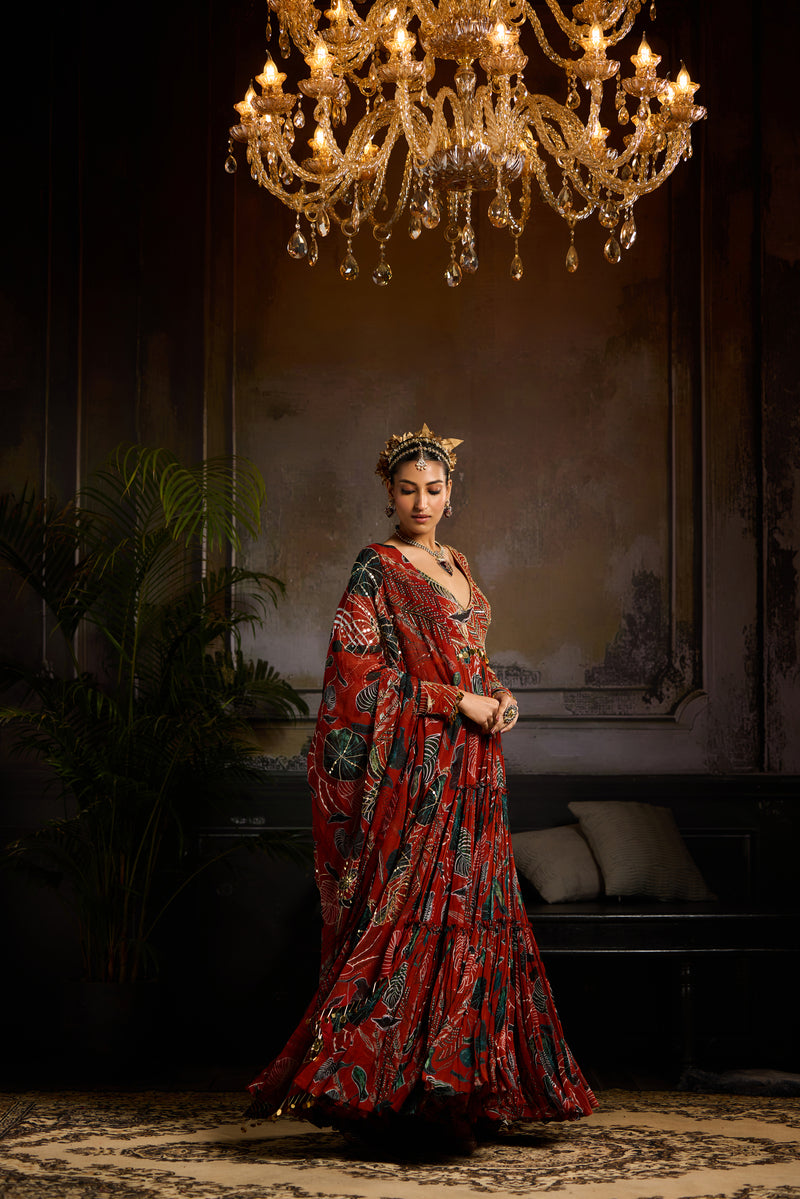 Rust Print and Highlighted Anarkali Set