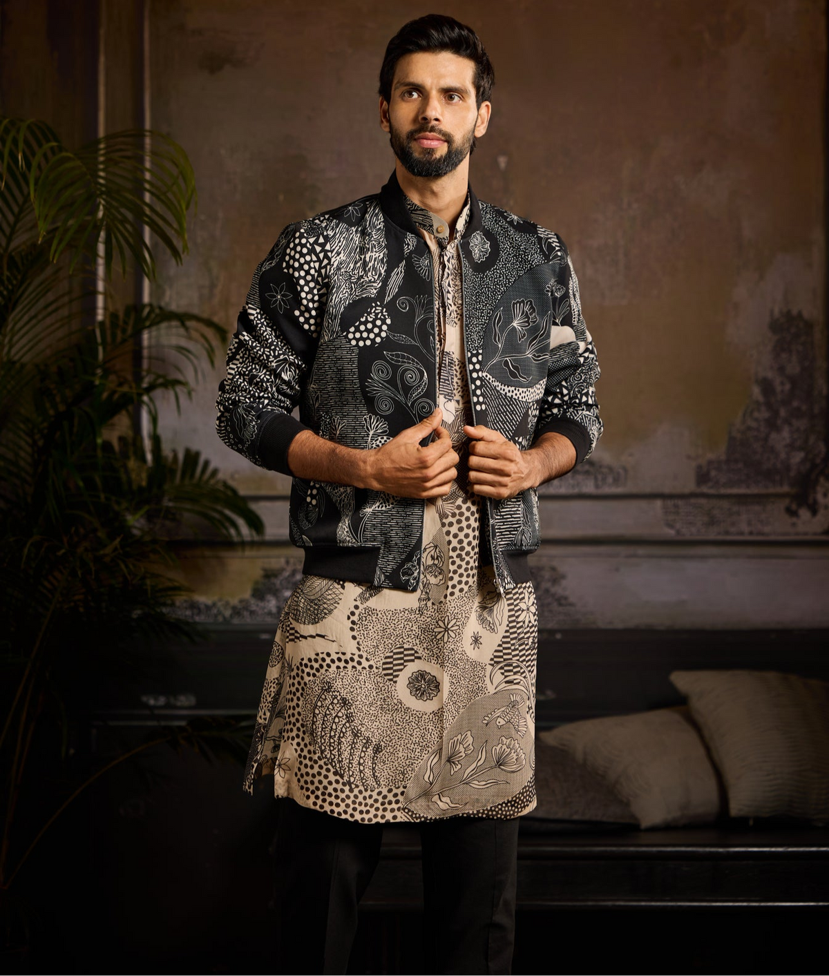 Black Printed Bomber Jacket with Beige & Black Printed Kurta Paired with Black Pants