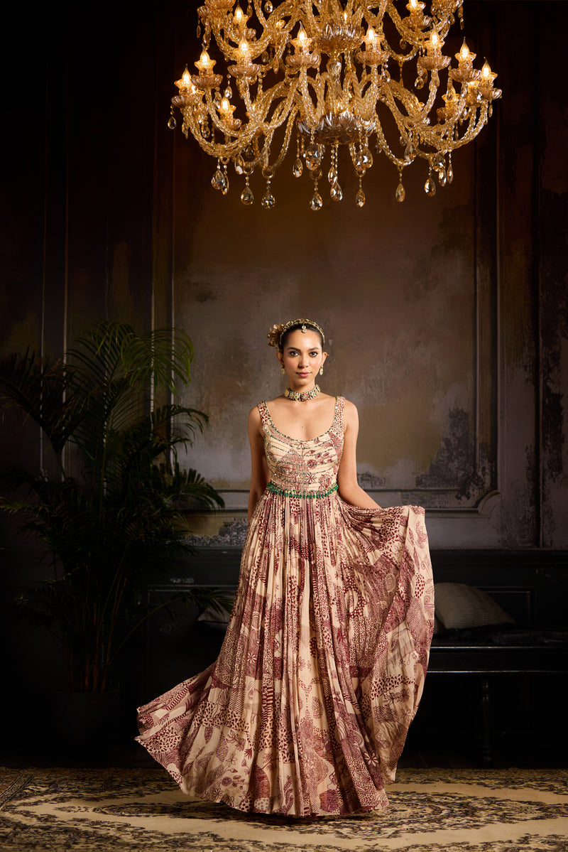Beige & Maroon Print and Highlighted Dress