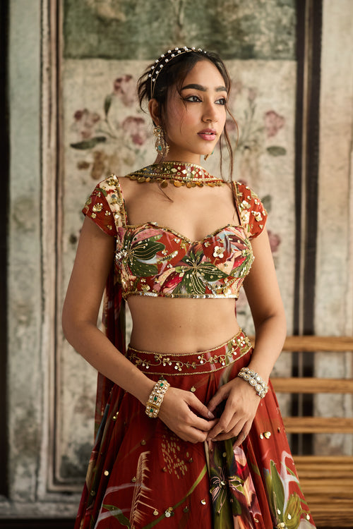 Rust Floral Print And Highlighted Lehenga Set