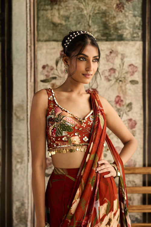 Rust Floral Print And Highlighted Mermaid Saree Set