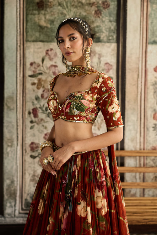 Rust Floral Printed Lehenga Set