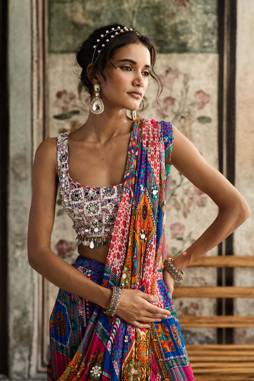 Multi-Color Print And Highlighted Square Neck Blouse With Tiered Skirt Saree Set