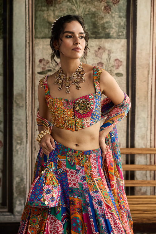 Multi-Color Print And Highlighted Criss-Cross Back Blouse With Godet Skirt Set