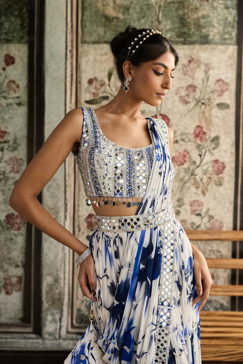 Ivory & Blue Floral Print And Highlighted Border Skirt Saree Set