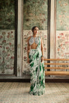 Ivory & Green Floral Print And Highlighted Border Skirt Saree Set