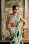 Ivory & Green Floral Print And Highlighted Border Skirt Saree Set