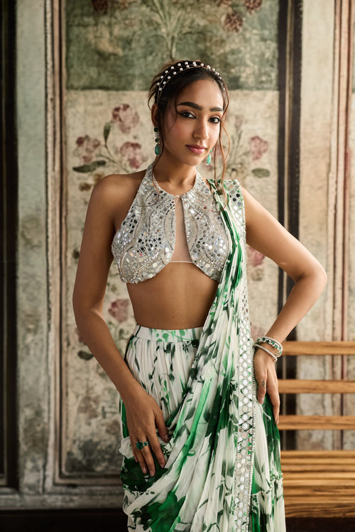Ivory & Green Floral Print And Highlighted Border Skirt Saree Set