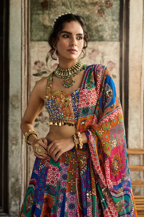 Multi-Color Print And Highlighted Racerback Blouse With Godet Skirt Set