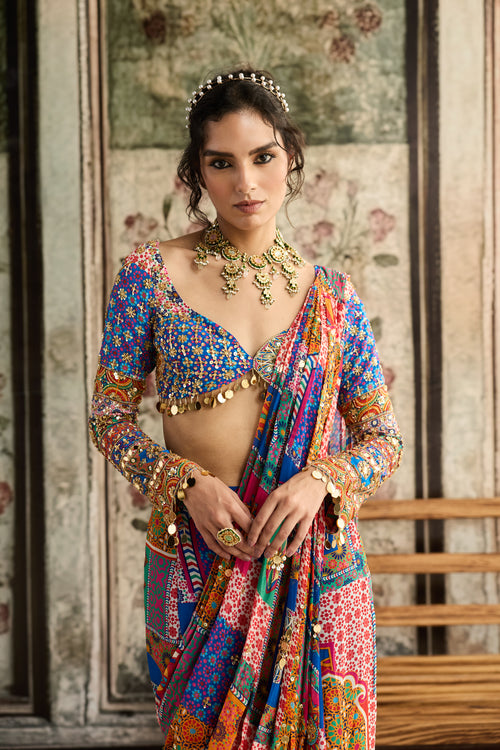 Multi-Color Print And Highlighted Plunge Neckline Blouse With Sharara Saree Set