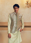 Pearl Silver Checkered Jacquard Banarasi Men's Jacket Set