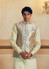 Pearl Silver Checkered Jacquard Banarasi Men's Jacket Set