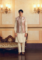 Pastel Purple Checkered Jacquard Banarasi Men's Jacket Set