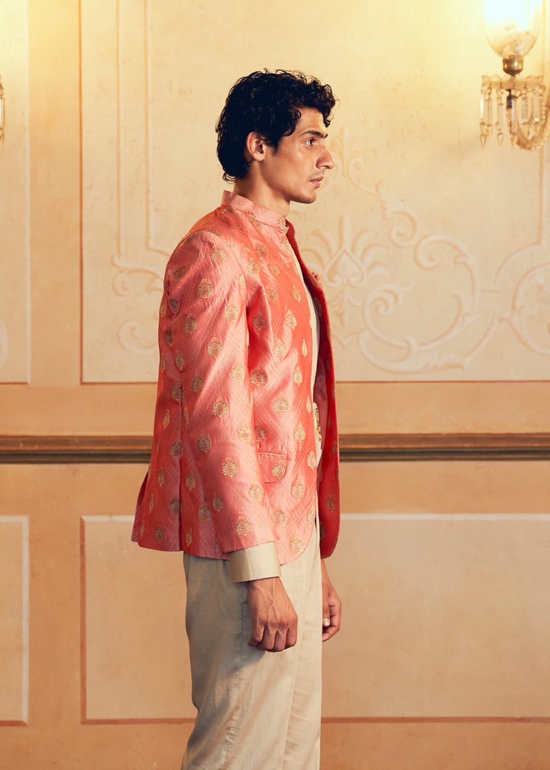 Classic Coral Jacquard Banarasi Men's Jacket Set