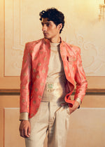 Classic Coral Jacquard Banarasi Men's Jacket Set