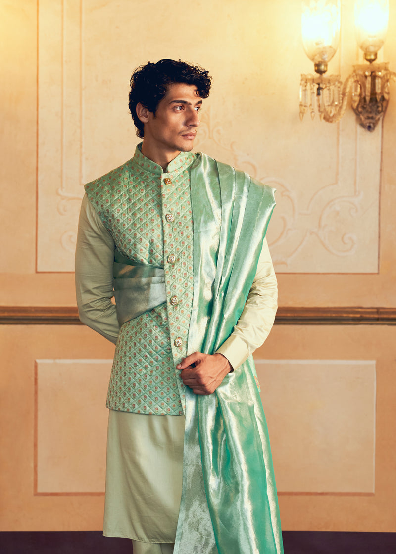 Classic Mint Green Jacquard Banarasi Men's Jacket Set