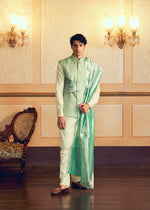 Classic Mint Green Jacquard Banarasi Men's Jacket Set