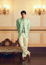 Mint Green Jacquard Banarasi Men's Jacket Set