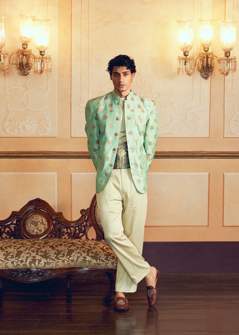 Mint Green Jacquard Banarasi Men's Jacket Set