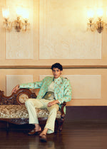 Mint Green Jacquard Banarasi Men's Jacket Set