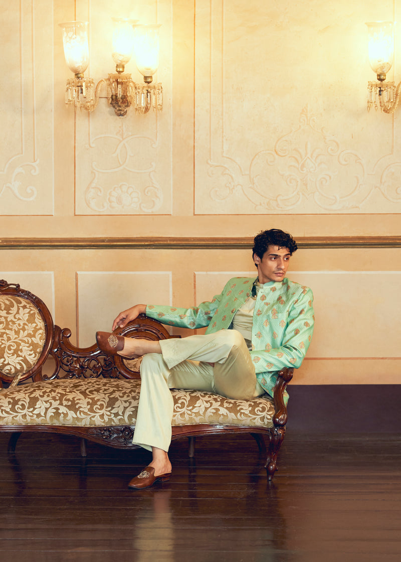 Mint Green Jacquard Banarasi Men's Jacket Set