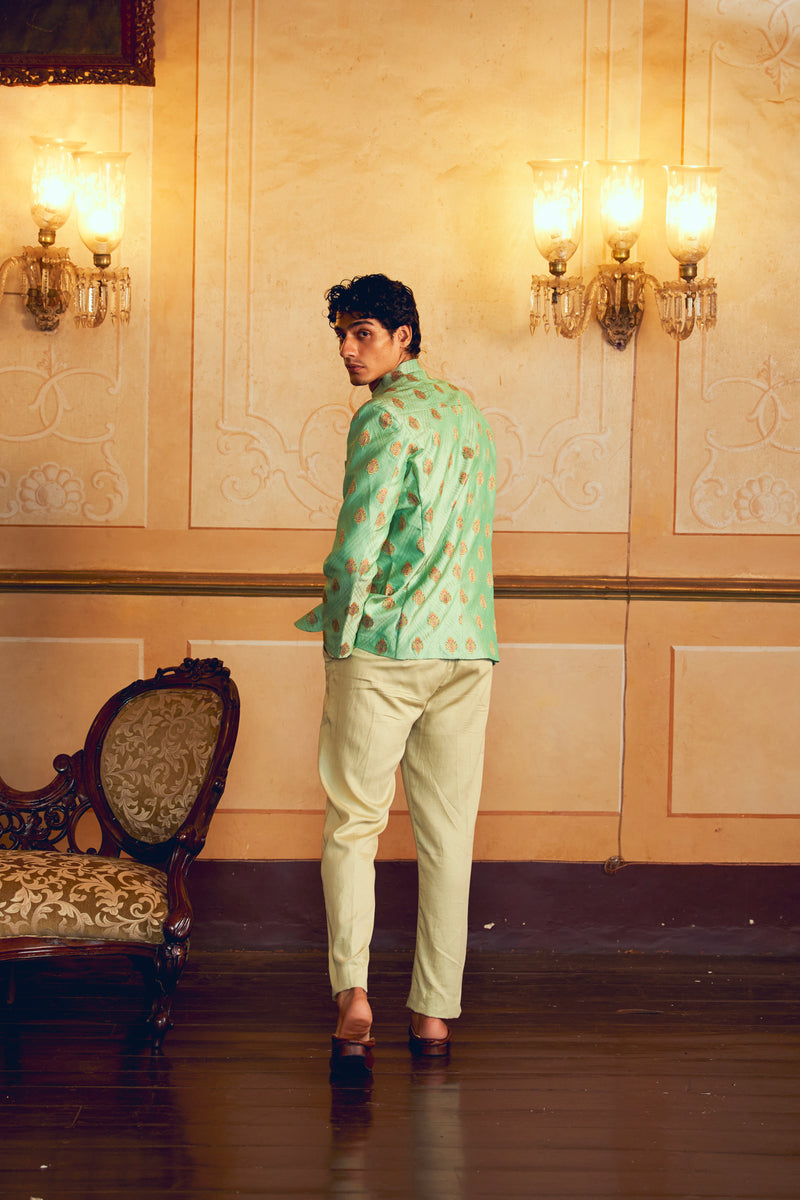 Mint Green Jacquard Banarasi Men's Jacket Set