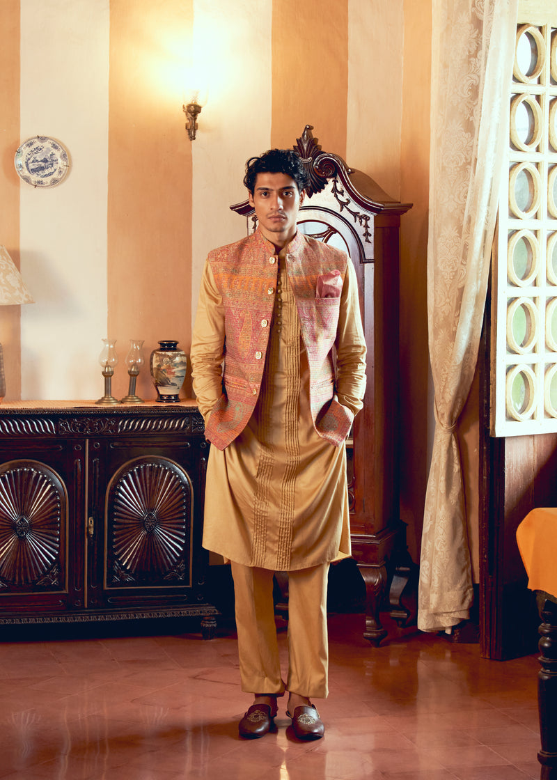 Multicolored Banarasi Jamawar Men's Jacket Set