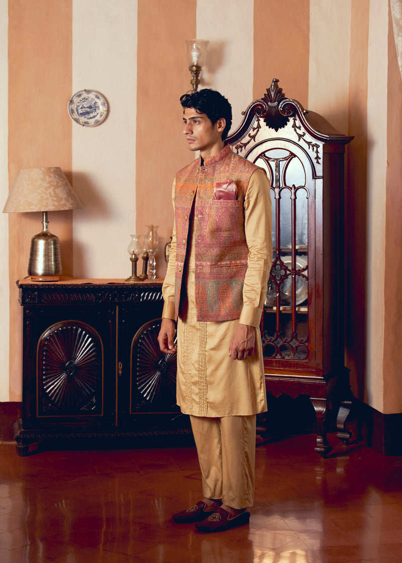 Multicolored Banarasi Jamawar Men's Jacket Set